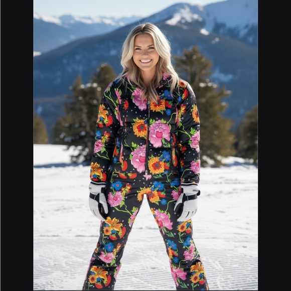 Women's Elsa Down Floral SkiPuffer Jacket - Black and Pink